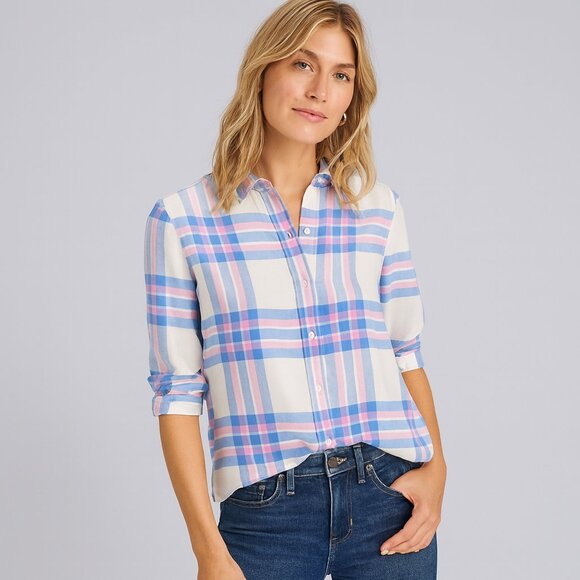 Banana Republic Tops - Banana Republic XS Boyfriend Fit White Blue Pink Plaid Button Down Flannel Shirt